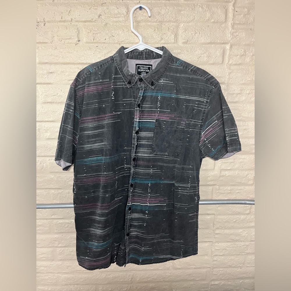 Men’s Large Creative Destruction Short Sleeve Button Down Shirt
